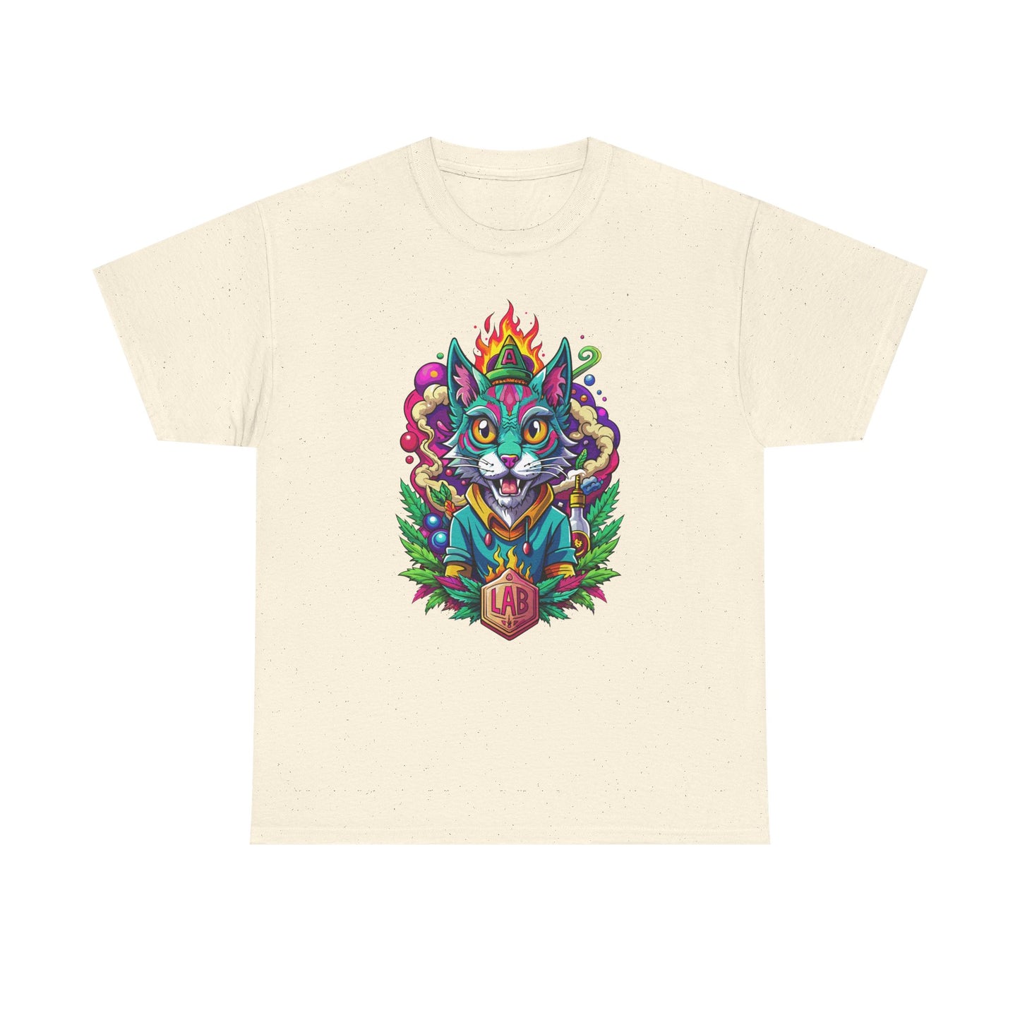 Psychedelic Flame Cat Graphic Tee — Colorful Trippy Cat Design