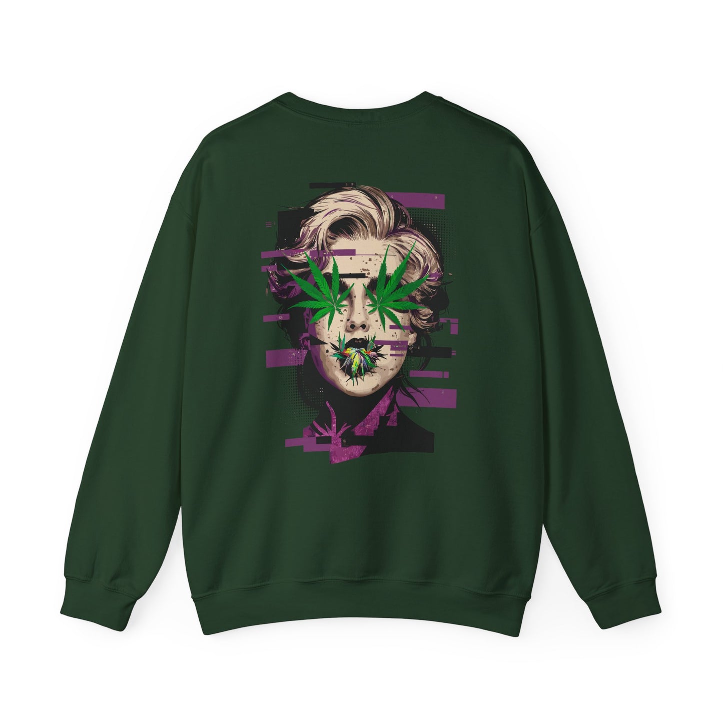 Vintage Portrait Sweatshirt — Glitch Art Face with Cannabis Leaf Mask