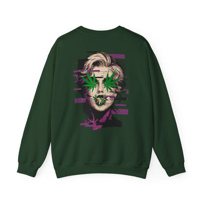 Vintage Portrait Sweatshirt — Glitch Art Face with Cannabis Leaf Mask