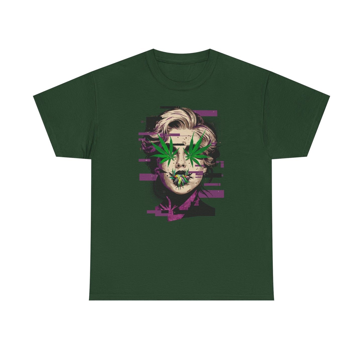Vintage Portrait Tee — Glitch Art Face with Cannabis Leaf Mask