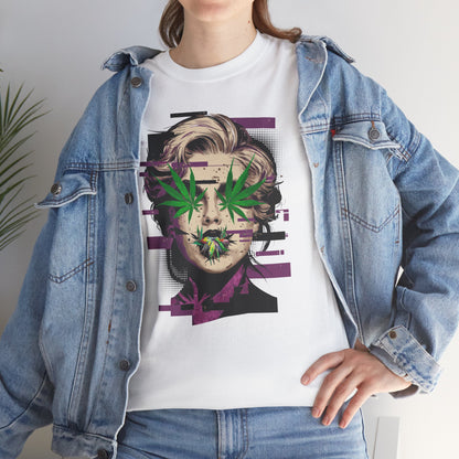 Vintage Portrait Tee — Glitch Art Face with Cannabis Leaf Mask