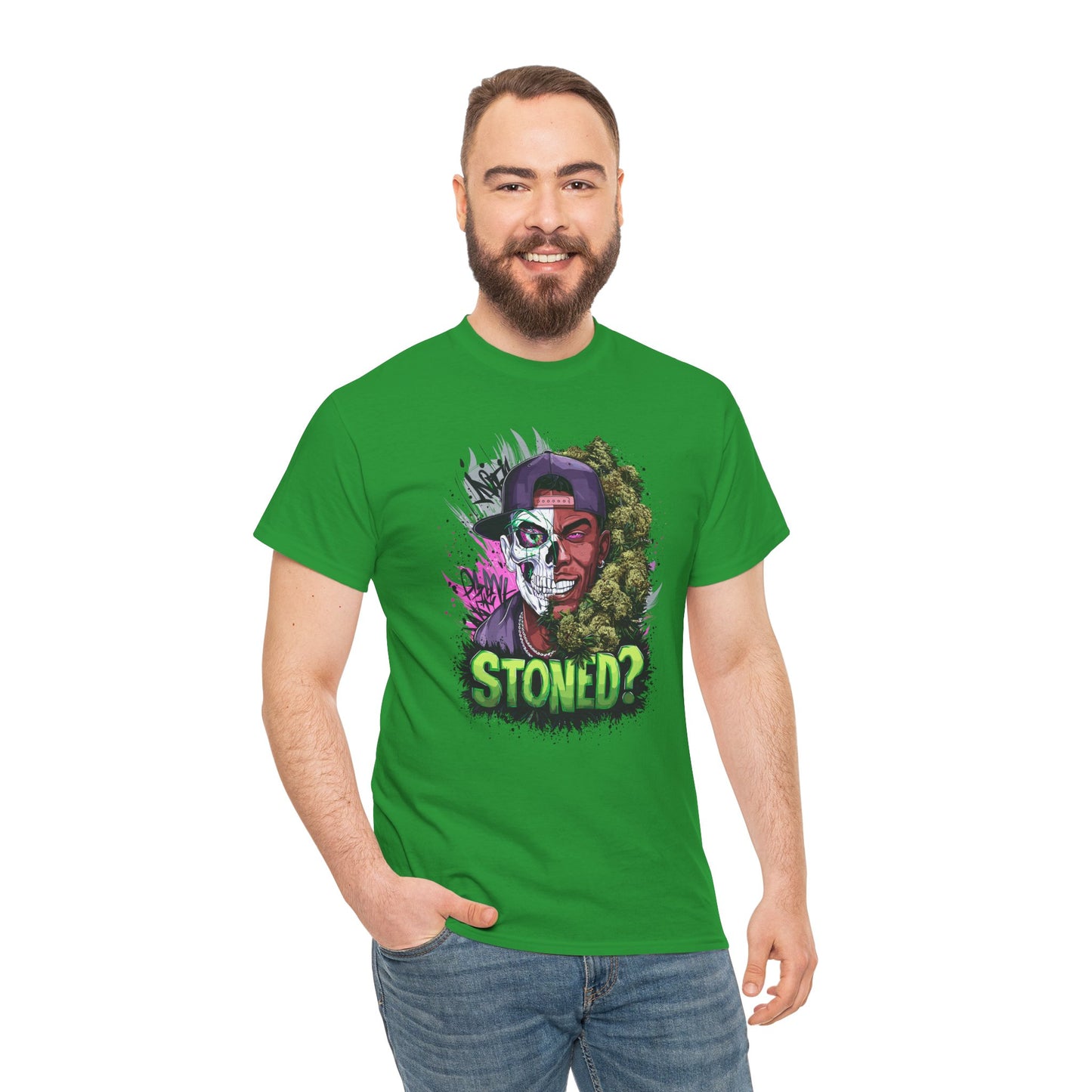 T-Shirt — 'Stoned?' Skull Face Graphic Tee for Cannabis Lovers