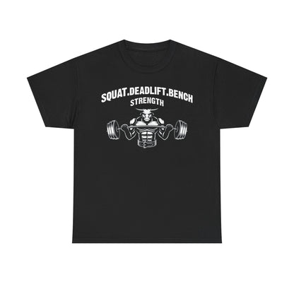 Strength Training Unisex Heavy Cotton Tee - Squat, Deadlift, Bench Design