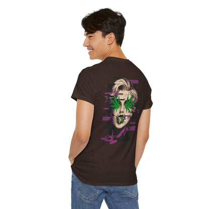 Vintage Portrait Tee — Glitch Art Face with Cannabis Leaf Mask