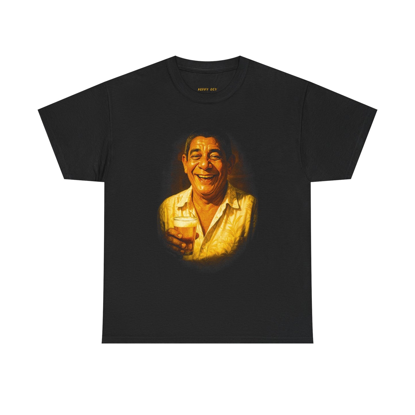 T-Shirt — Vintage Laughing Man Portrait Tee (Cheers Drink Graphic)