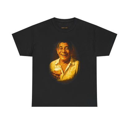 T-Shirt — Vintage Laughing Man Portrait Tee (Cheers Drink Graphic)