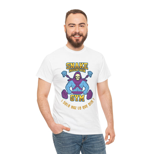 Unisex Heavy Cotton Tee - Snake Mountain Gym Graphic Tee for Fitness Enthusiasts White