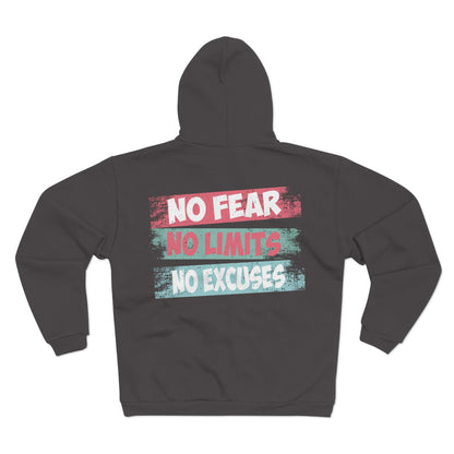 Motivational Unisex Hooded Zip Sweatshirt - No Fear, No Limits, No Excuses