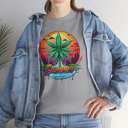 Summer Cannabis Leaf T-Shirt – Retro Tropical Sunset Tee