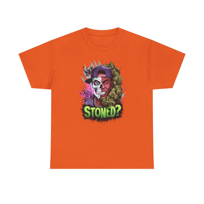 T-Shirt — 'Stoned?' Skull Face Graphic Tee for Cannabis Lovers