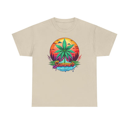 Summer Cannabis Leaf T-Shirt – Retro Tropical Sunset Tee Both