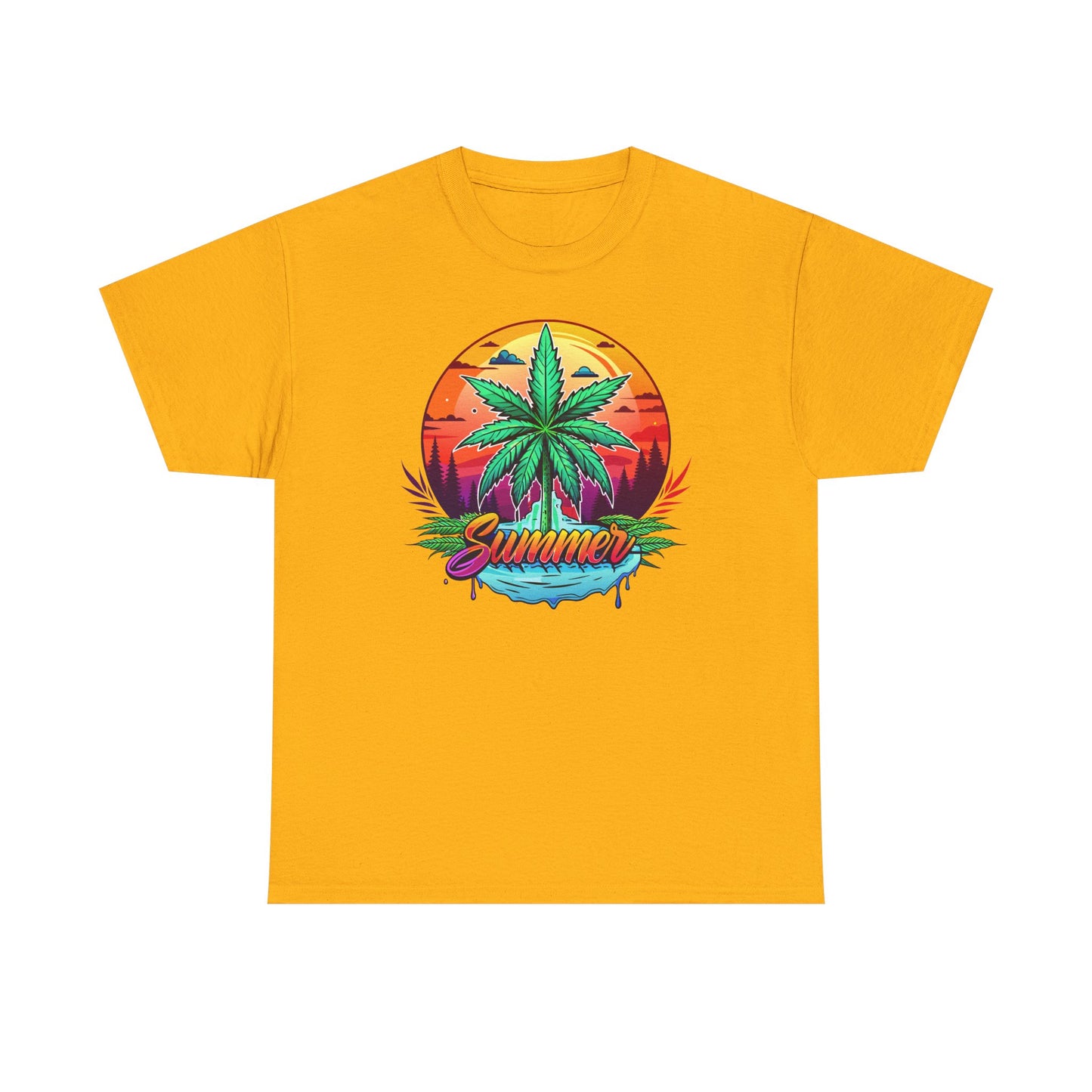 Summer Cannabis Leaf T-Shirt – Retro Tropical Sunset Tee