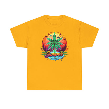 Summer Cannabis Leaf T-Shirt – Retro Tropical Sunset Tee