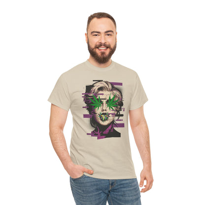 Vintage Portrait Tee — Glitch Art Face with Cannabis Leaf Mask