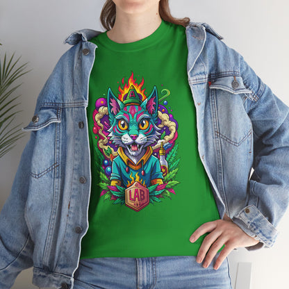 Psychedelic Flame Cat Graphic Tee — Colorful Trippy Cat Design