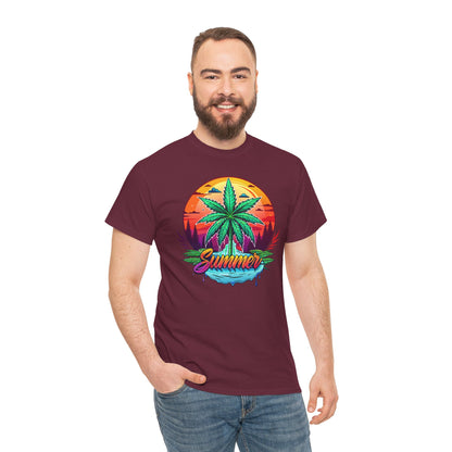 Summer Cannabis Leaf T-Shirt – Retro Tropical Sunset Tee