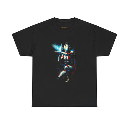 Retro Futuristic Space Warrior T-Shirt — Neon Ultraman Style Graphic Tee