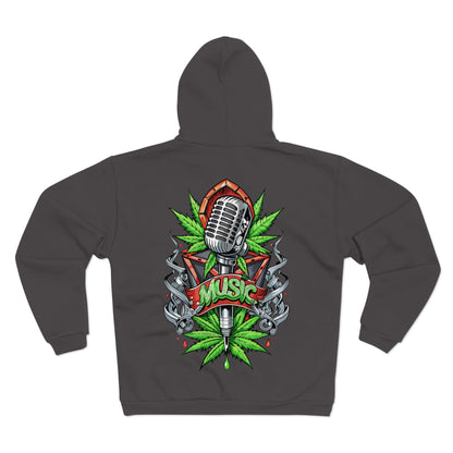 Music Microphone Zip Hoodie — Retro Mic & Leaf Graphic Zip Hoodie