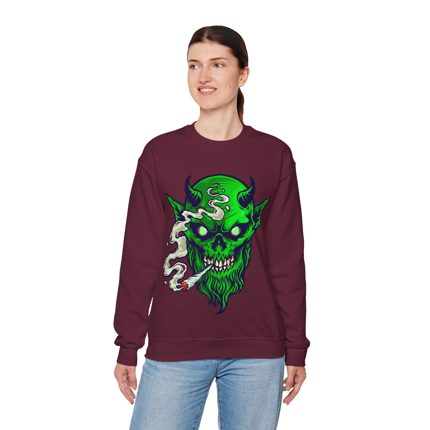 Smoking Green Demon Skull Sweatshirt — Creepy Stoner Graphic