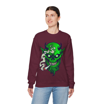 Smoking Green Demon Skull Sweatshirt — Creepy Stoner Graphic