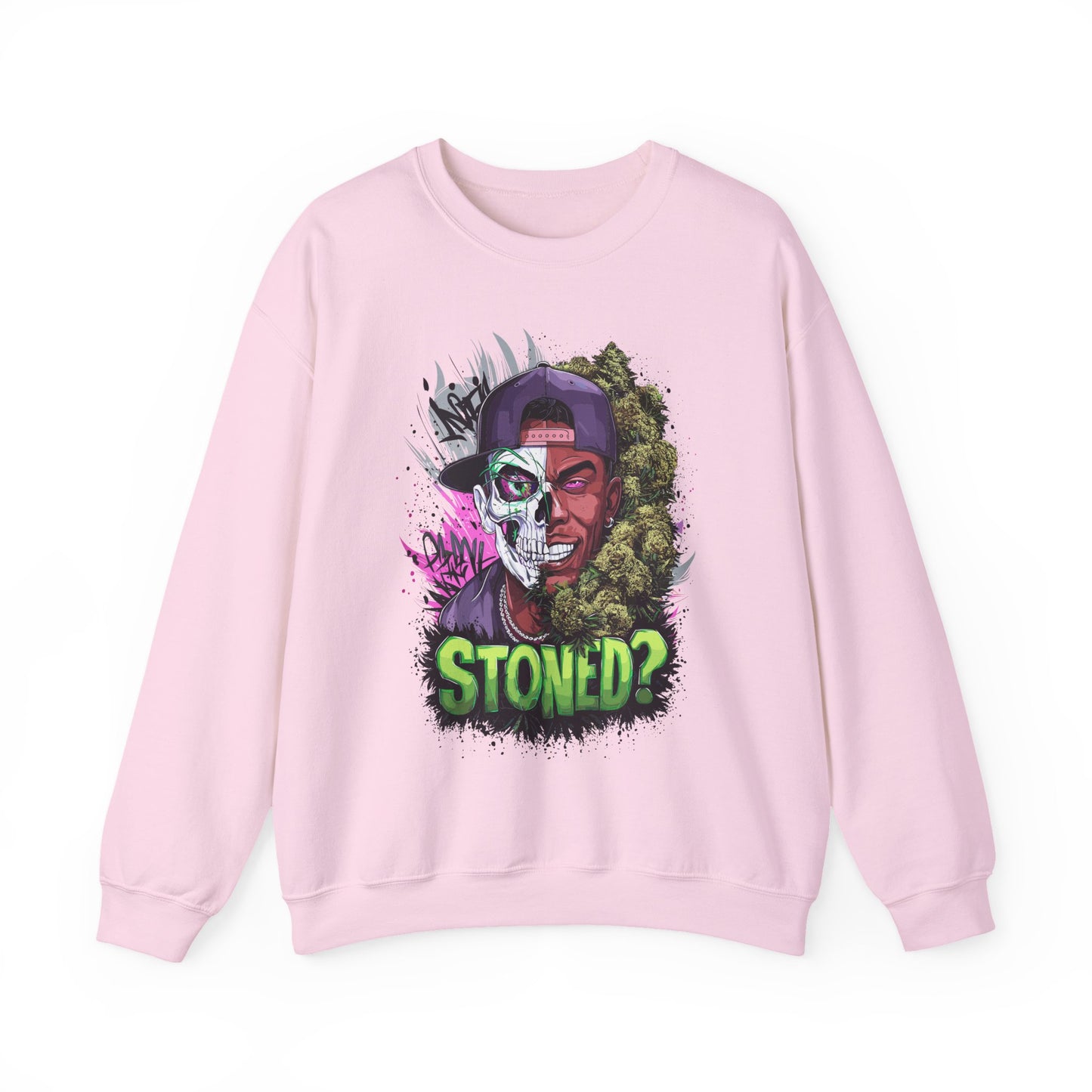 Sweatshirt— 'Stoned?' Skull Face Graphic for Cannabis Lovers