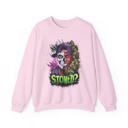 Sweatshirt— 'Stoned?' Skull Face Graphic for Cannabis Lovers