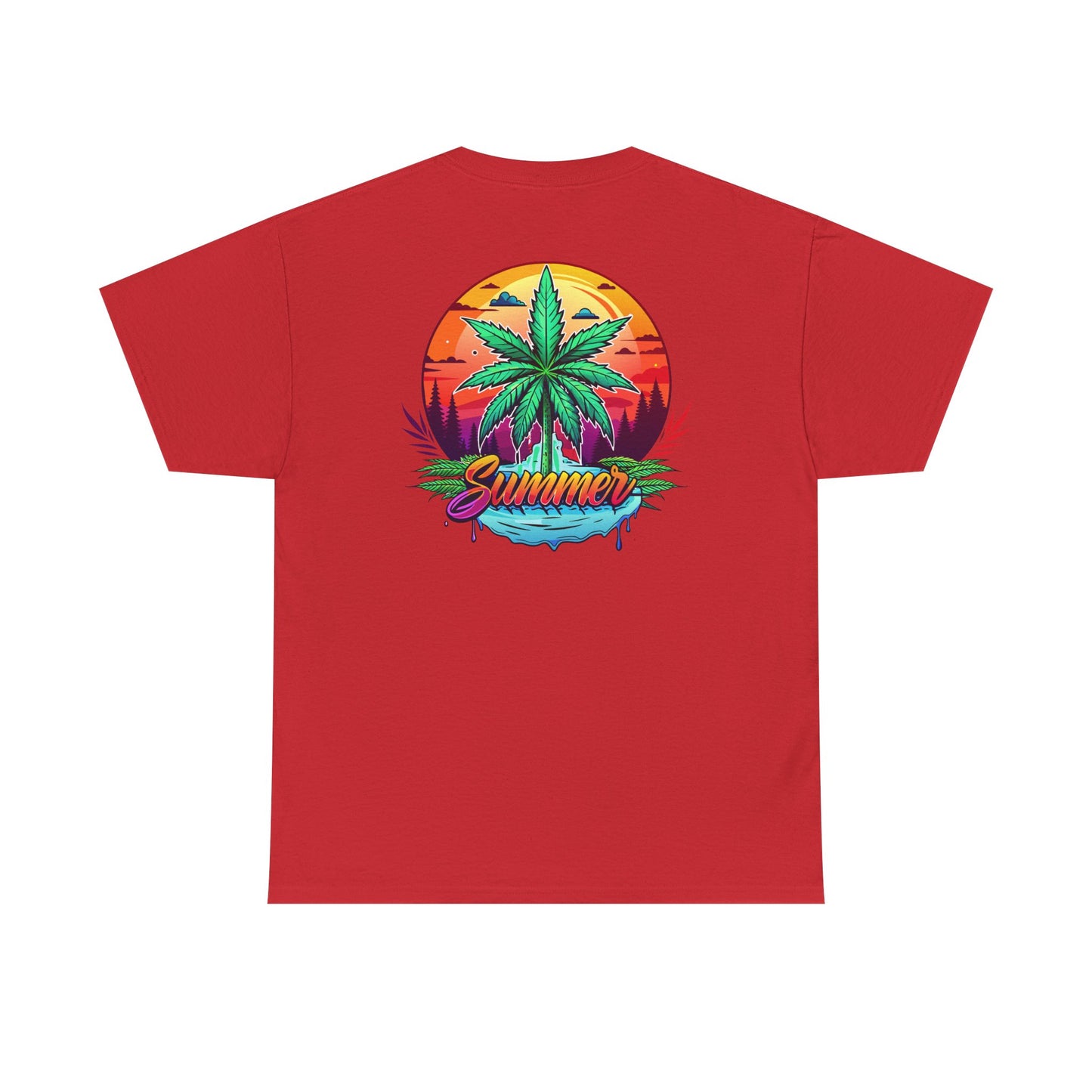 Summer Cannabis Leaf T-Shirt – Retro Tropical Sunset Tee Both