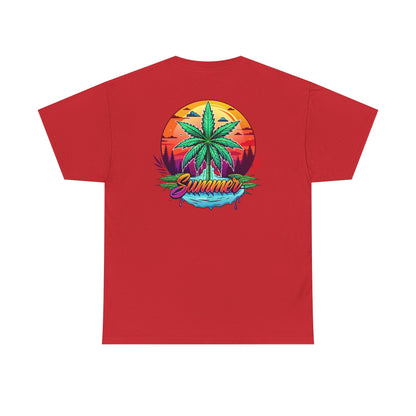 Summer Cannabis Leaf T-Shirt – Retro Tropical Sunset Tee Both