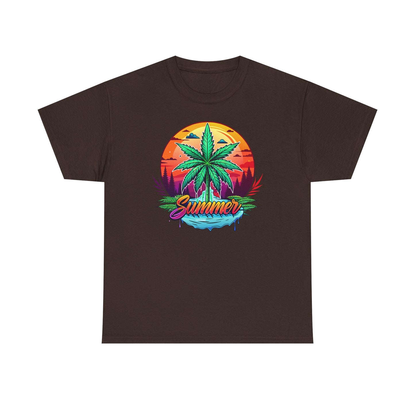 Summer Cannabis Leaf T-Shirt – Retro Tropical Sunset Tee Both