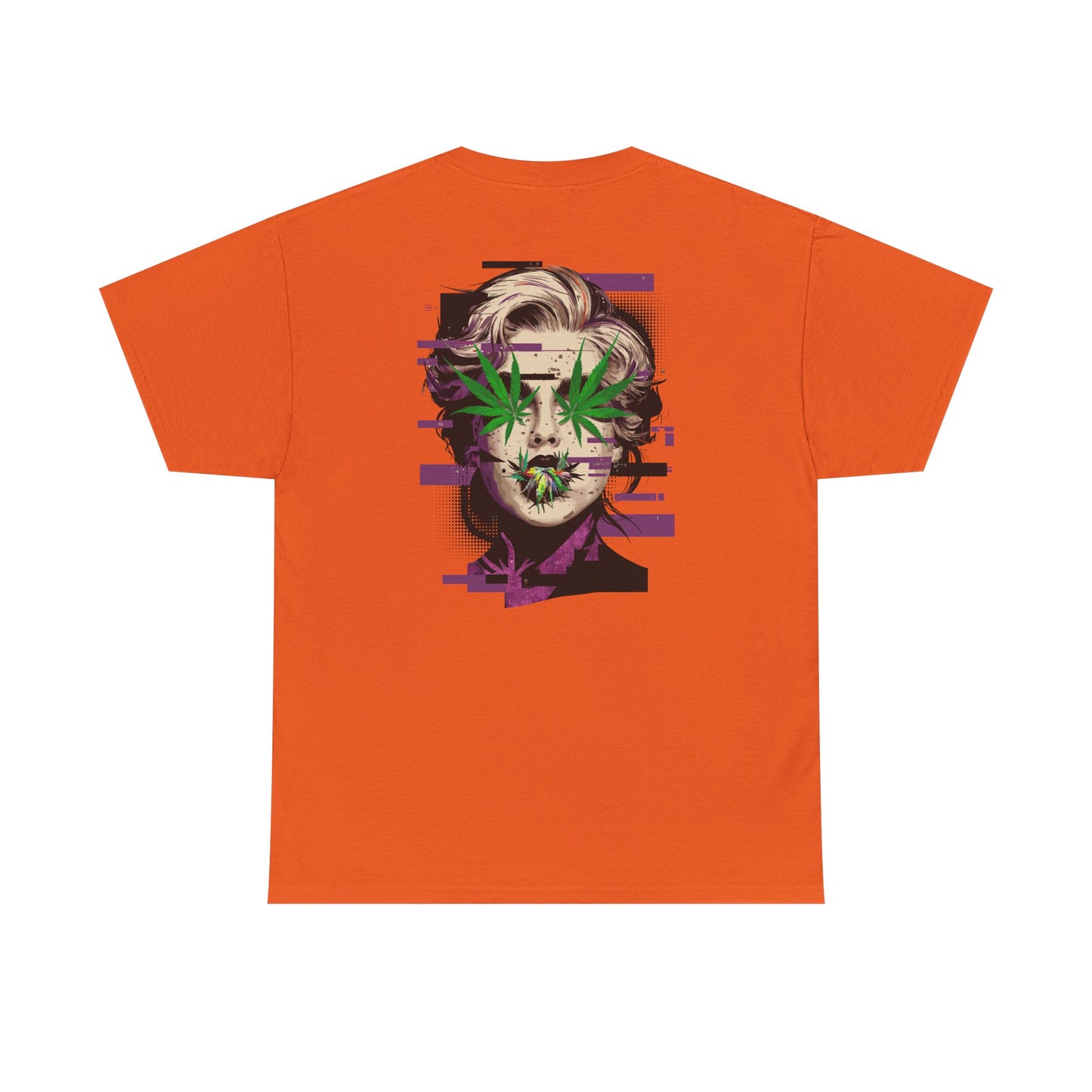 Vintage Portrait Tee — Glitch Art Face with Cannabis Leaf Mask