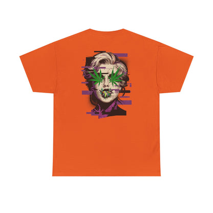 Vintage Portrait Tee — Glitch Art Face with Cannabis Leaf Mask