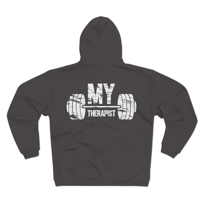 Funny Gym Lover's Unisex Hooded Zip Sweatshirt - 'My Therapist' Design