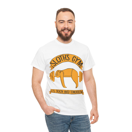 Funny Sloth Gym Unisex Heavy Cotton Tee - "Let's Train Hard Tomorrow" White