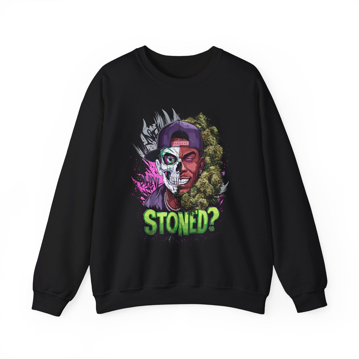 Sweatshirt— 'Stoned?' Skull Face Graphic for Cannabis Lovers