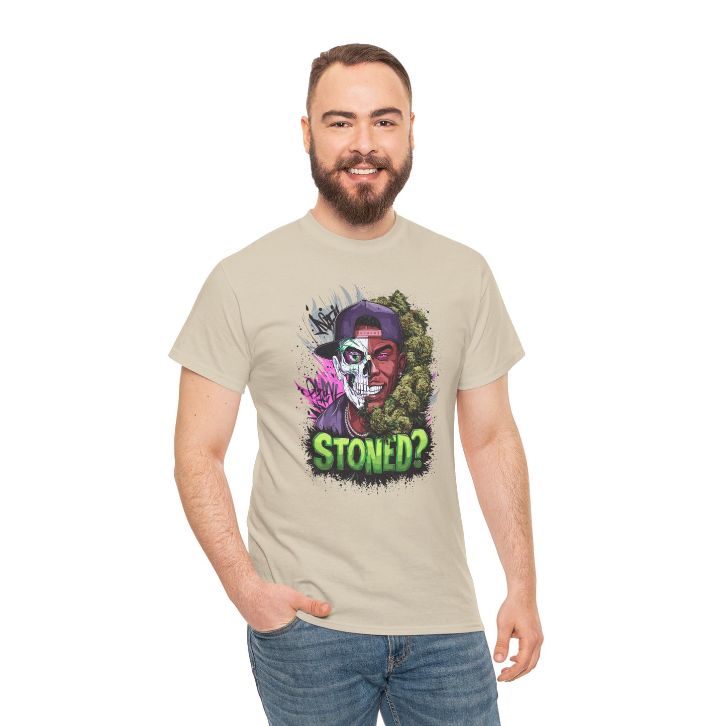 T-Shirt — 'Stoned?' Skull Face Graphic Tee for Cannabis Lovers