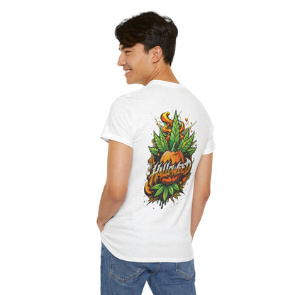 Hallowed Harvest Tee — Halloween Mask & Pumpkin Graphic T-Shirt