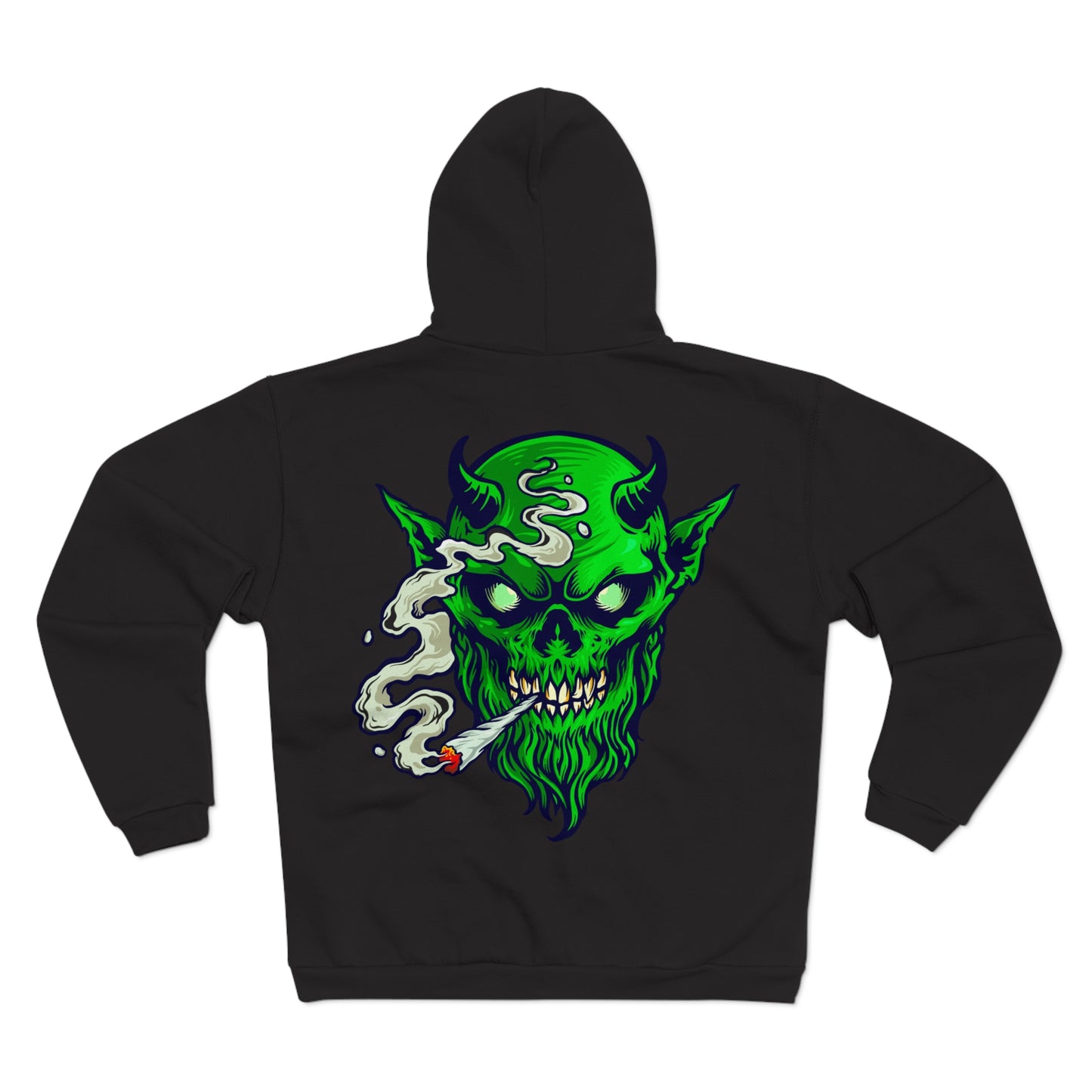 Smoking Goblin Zip Hoodie — Neon Green Demon Skull Back Graphic
