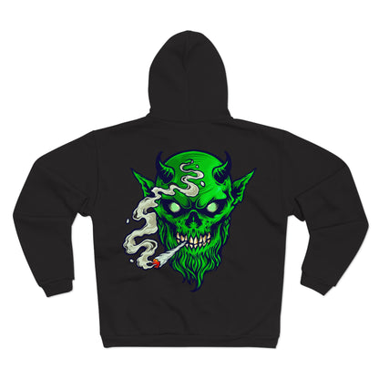 Smoking Goblin Zip Hoodie — Neon Green Demon Skull Back Graphic