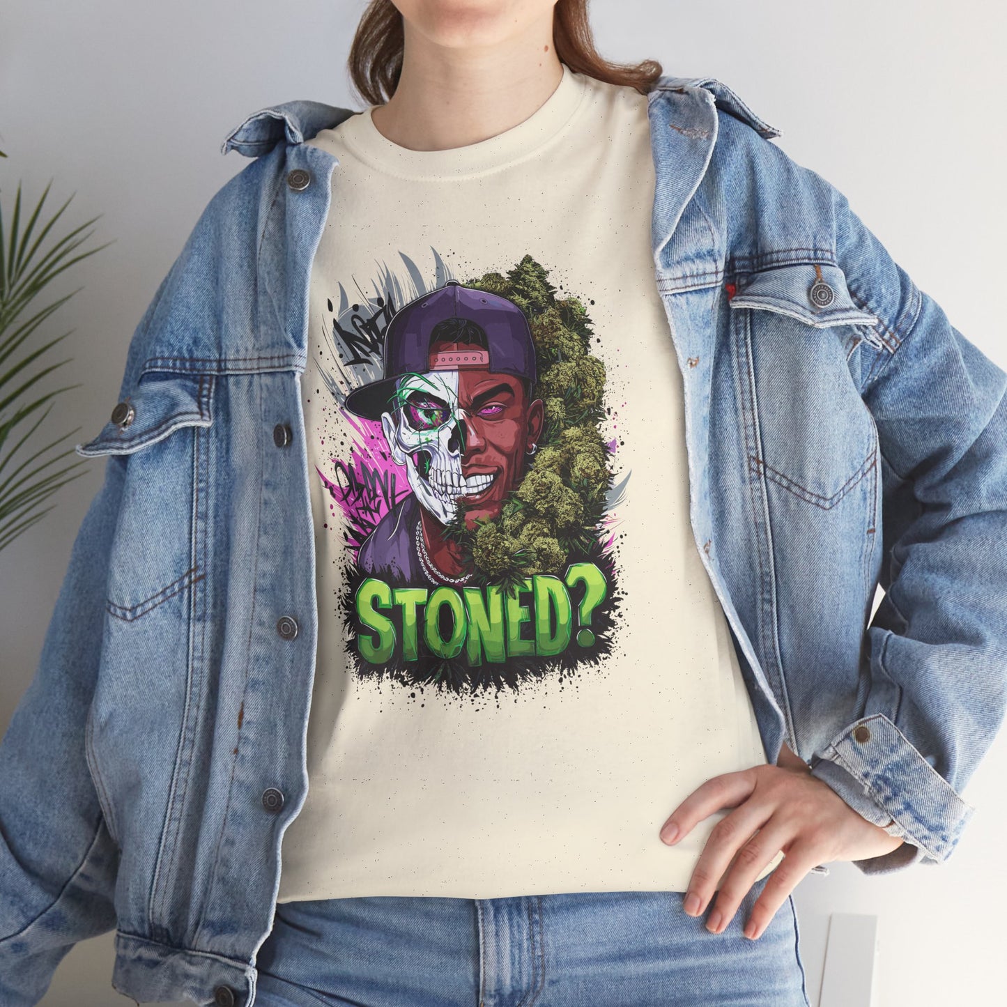 T-Shirt — 'Stoned?' Skull Face Graphic Tee for Cannabis Lovers
