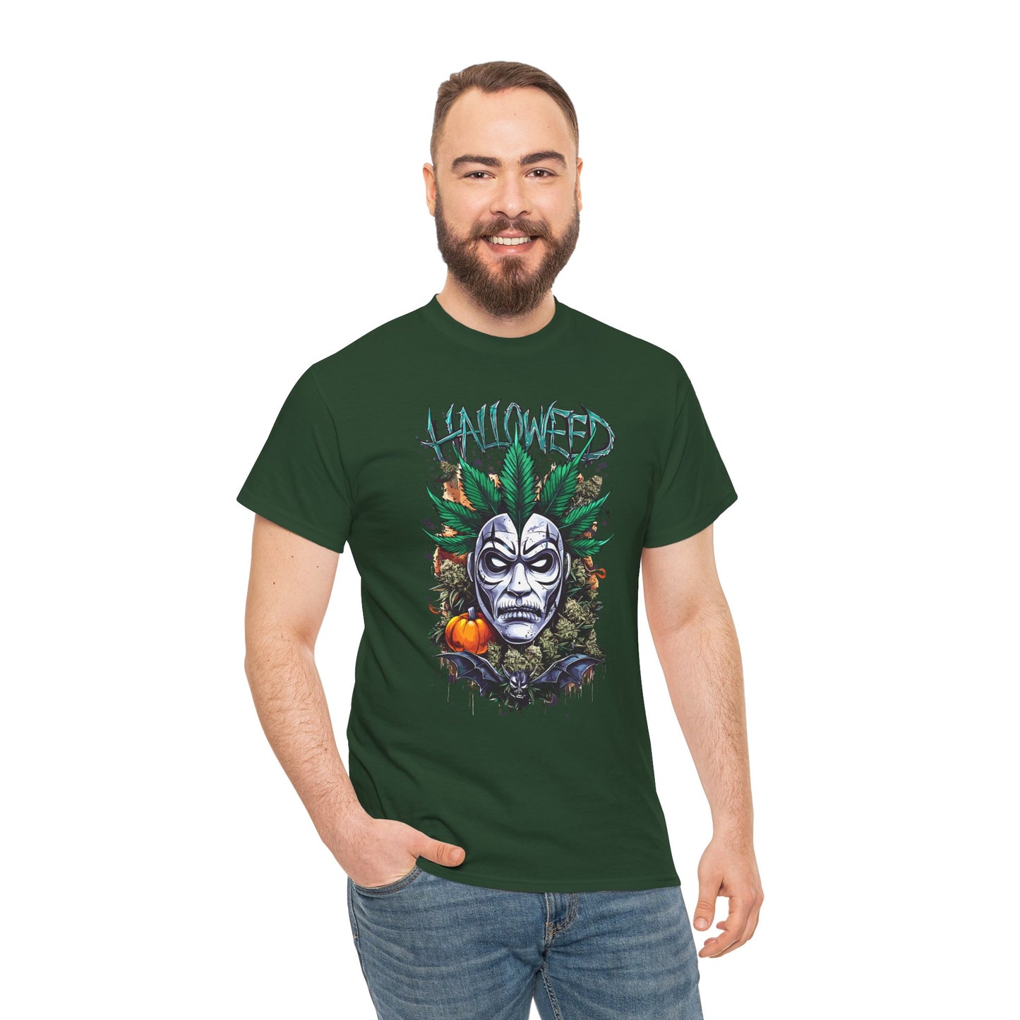 Hallowed Harvest Tee — Halloween Mask & Pumpkin Graphic T-Shirt