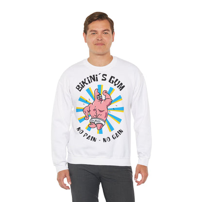 Funny Fitness Unisex Heavy Blend™ Crewneck Sweatshirt - 'Bikini's Gym - No Pain No Gain' White