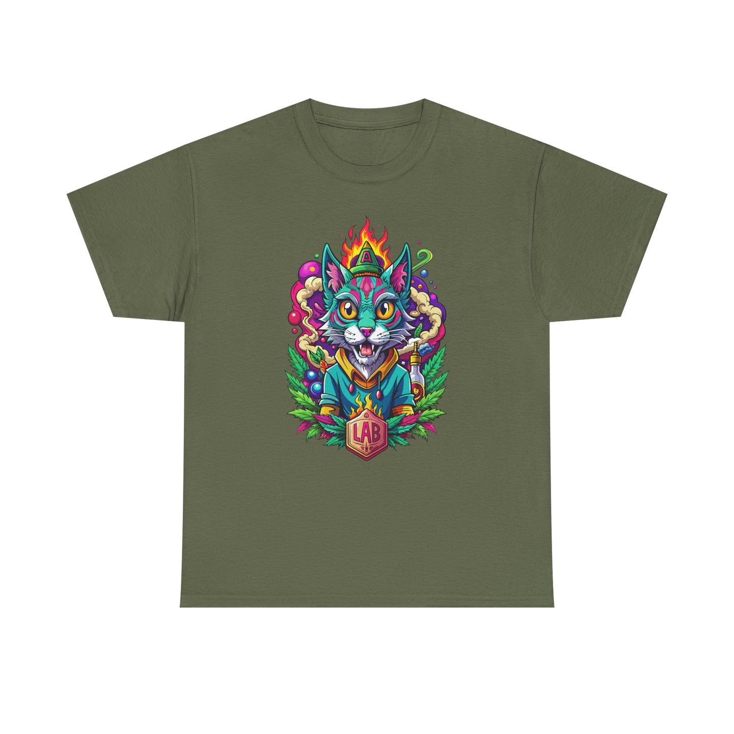 Psychedelic Flame Cat Graphic Tee — Colorful Trippy Cat Design