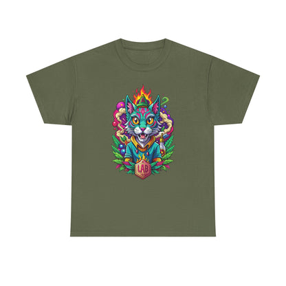 Psychedelic Flame Cat Graphic Tee — Colorful Trippy Cat Design