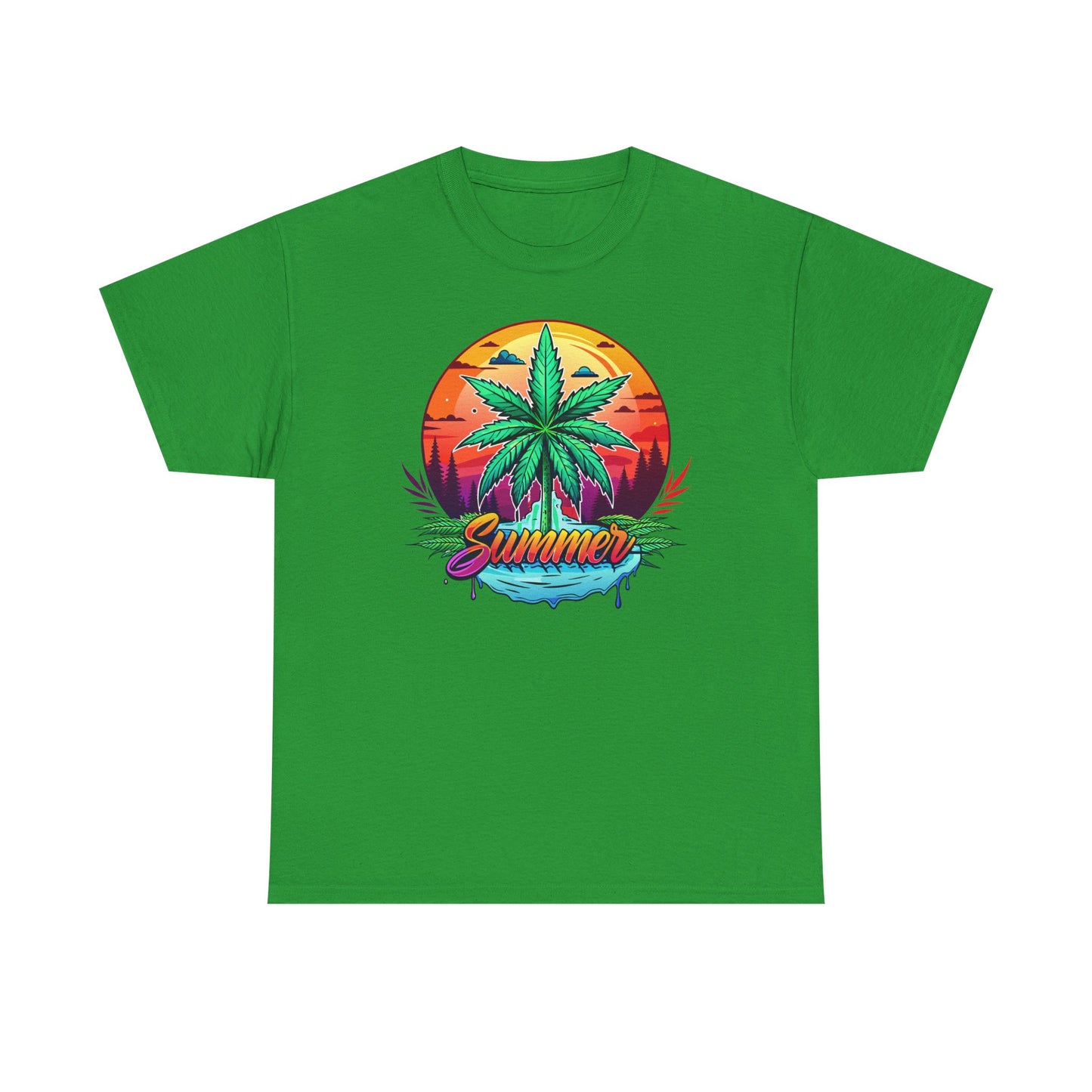 Summer Cannabis Leaf T-Shirt – Retro Tropical Sunset Tee Both