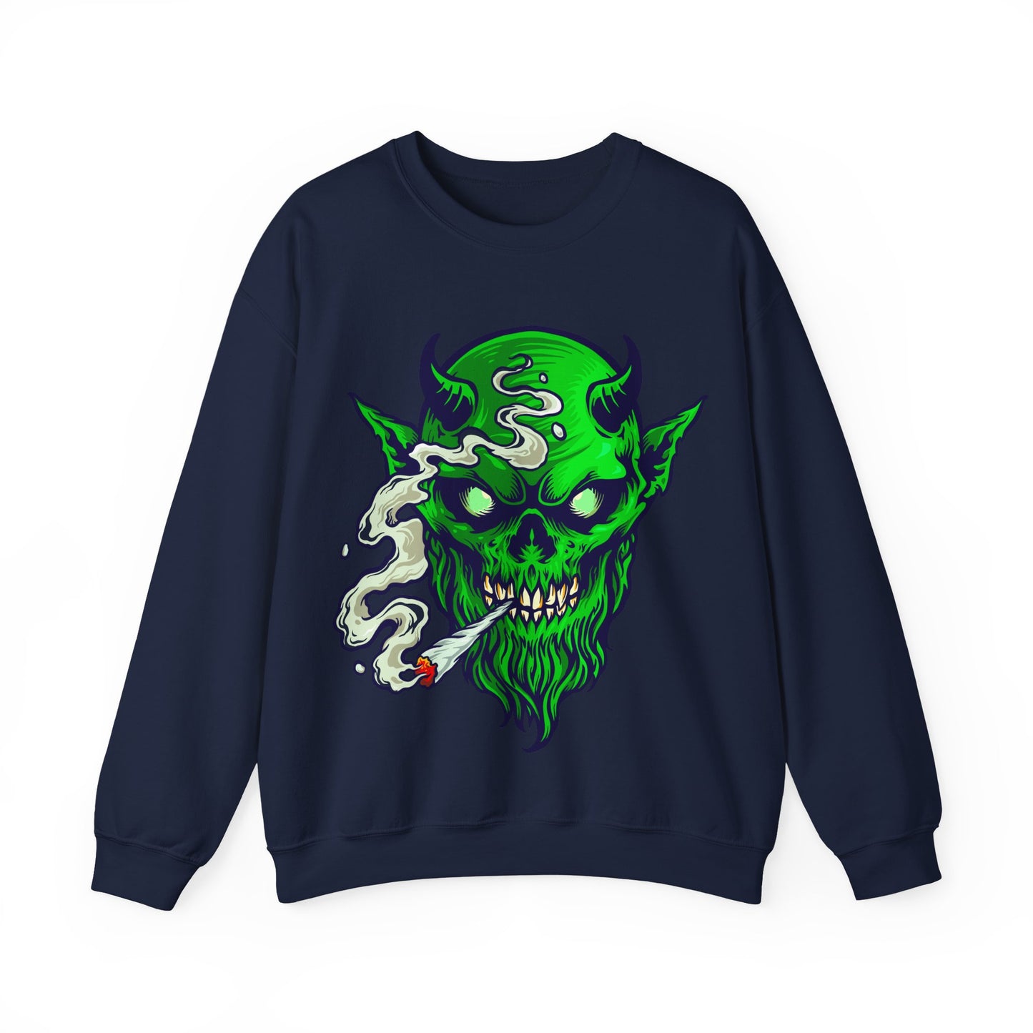 Smoking Green Demon Skull Sweatshirt — Creepy Stoner Graphic