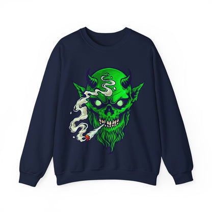 Smoking Green Demon Skull Sweatshirt — Creepy Stoner Graphic