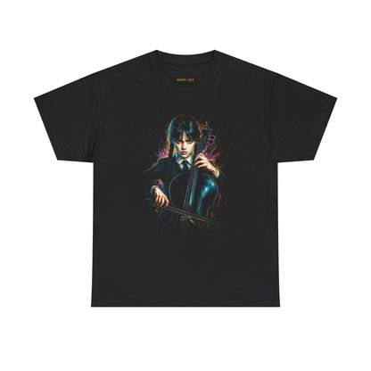 Cello Girl Graphic Tee — Moody Neon Portrait T-Shirt for Musicians & Goth Style