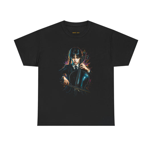 Cello Girl Graphic Tee — Moody Neon Portrait T-Shirt for Musicians & Goth Style