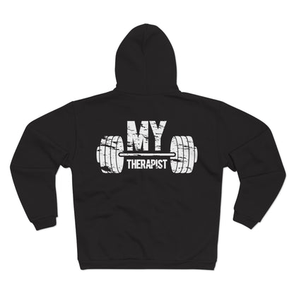 Funny Gym Lover's Unisex Hooded Zip Sweatshirt - 'My Therapist' Design