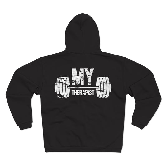 Funny Gym Lover's Unisex Hooded Zip Sweatshirt - 'My Therapist' Design